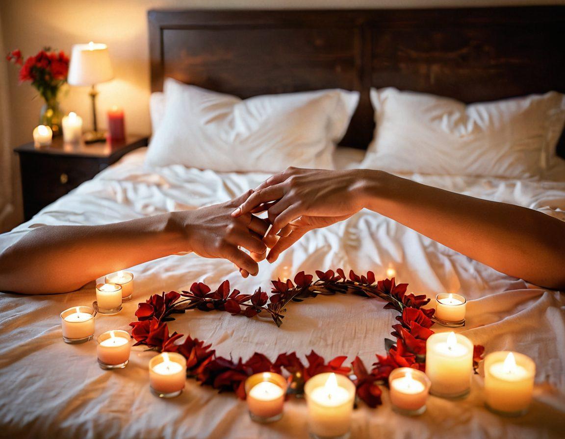 A cozy, intimate setting featuring a beautifully lit bedroom adorned with soft candles and romantic decor. In the foreground, a pair of intertwined hands suggest deep emotional connection. A delicate heart-shaped outline formed by flower petals on the bed adds a touch of romance. The atmosphere is warm and inviting, evoking passion and exploration in adult intimacy. super-realistic. warm hues. soft focus.