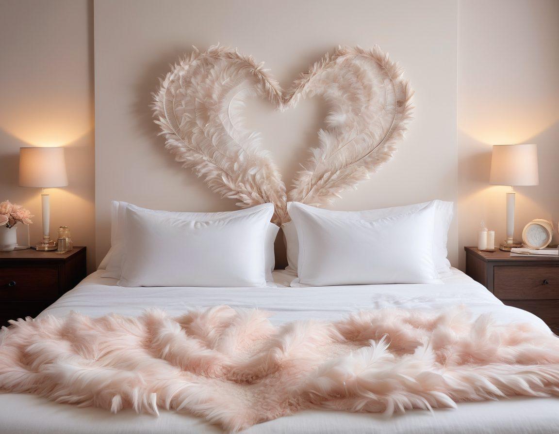 A beautiful, open bedroom adorned with soft, inviting lighting and luxurious textures, symbolizing intimacy and connection. A pair of intertwined hands resting on a heart-shaped pillow, with gentle, abstract silhouettes representing freedom and exploration in the background. Subtle elements like floating feathers and soft waves, hinting at sensuality and pleasure. pastel colors. soft focus. warm ambiance.